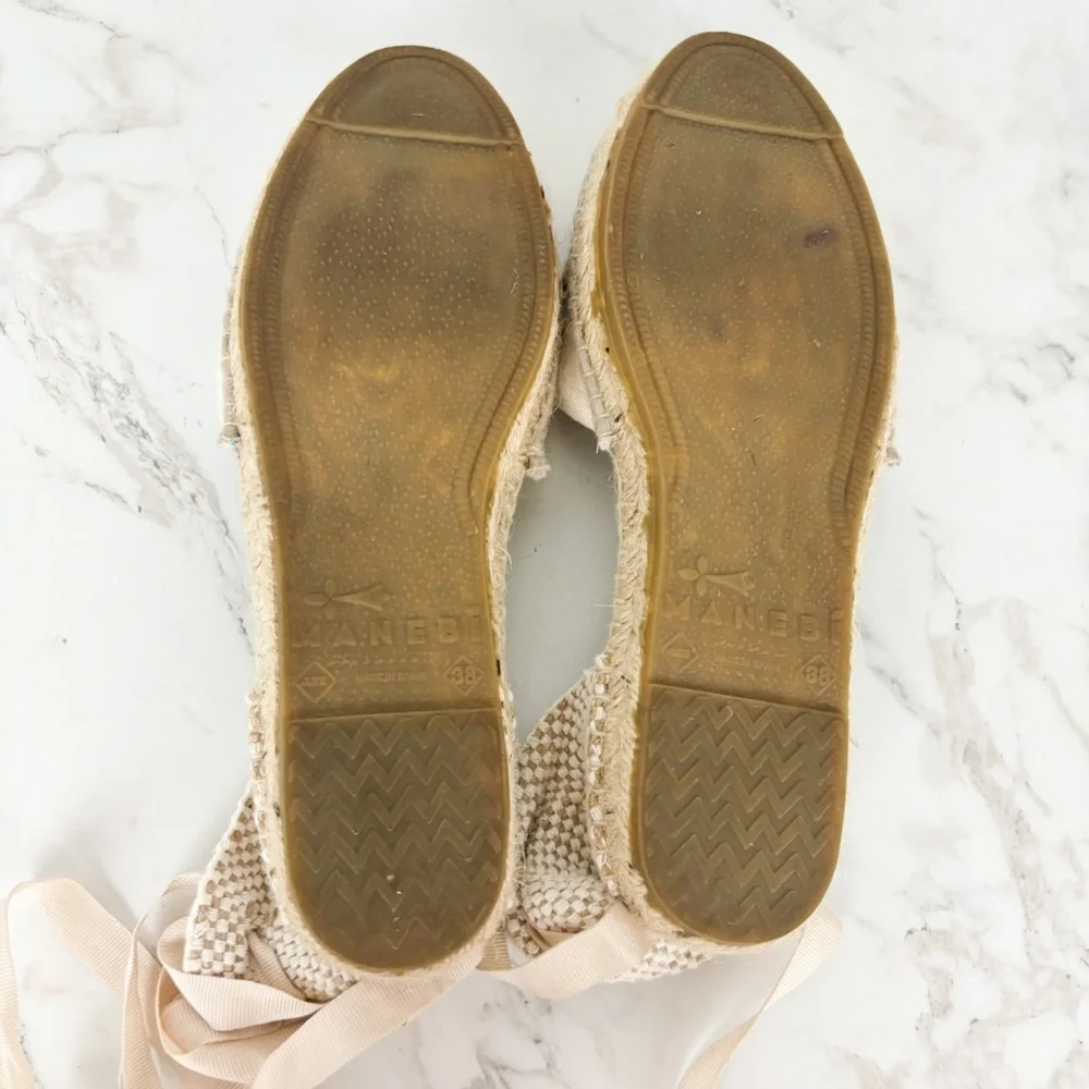 Espadrille Ankle-Tie Flats in Cream with Stripes